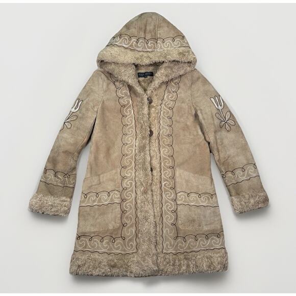 Steve Madden Penny Lane Long Jacket Embroidered Suede Leather Tan Women's Size M - Picture 1 of 9